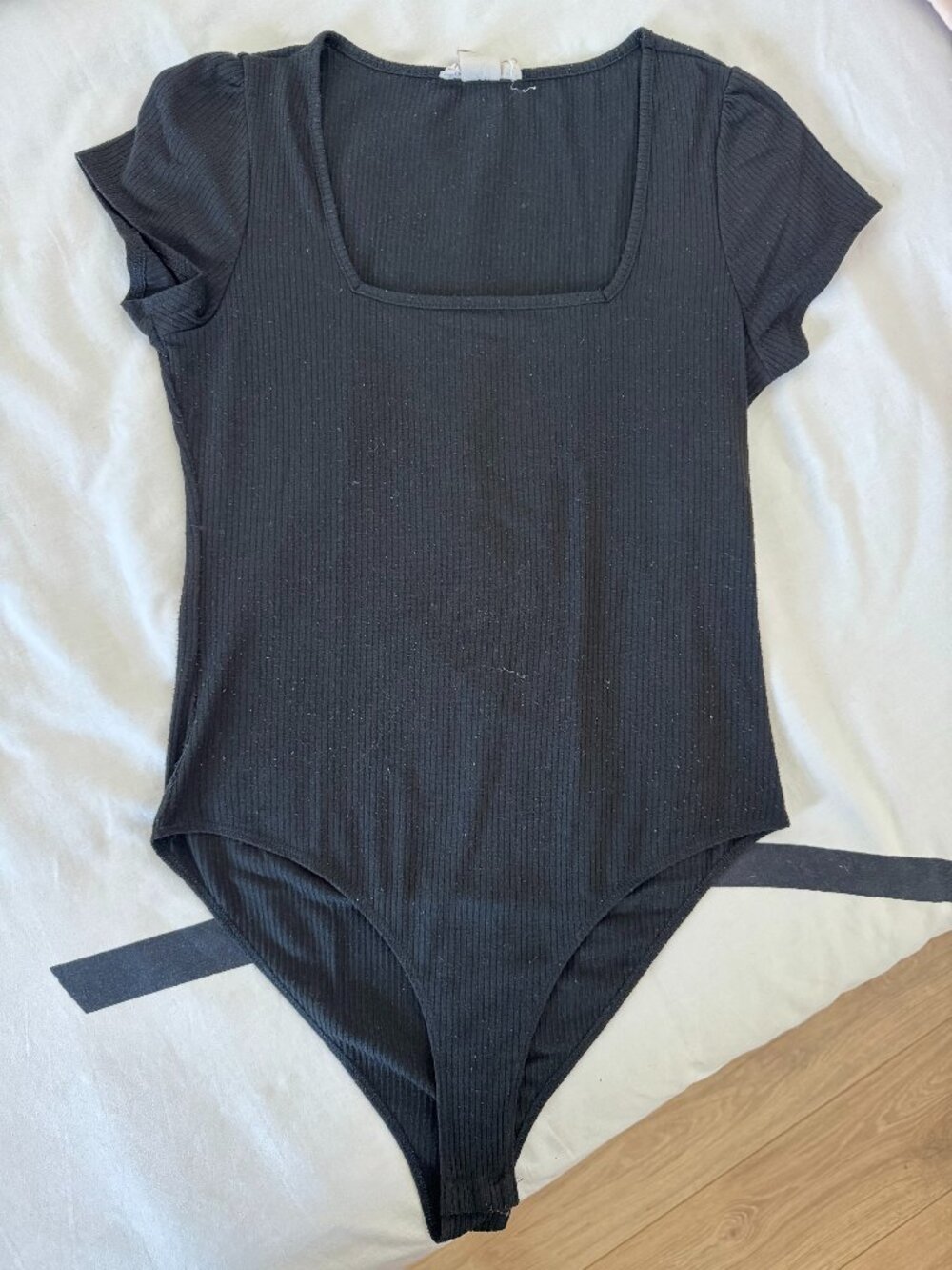 No Comment Black Ribbed Square Neck Bodysuit Puff Sleeve Top Sz L